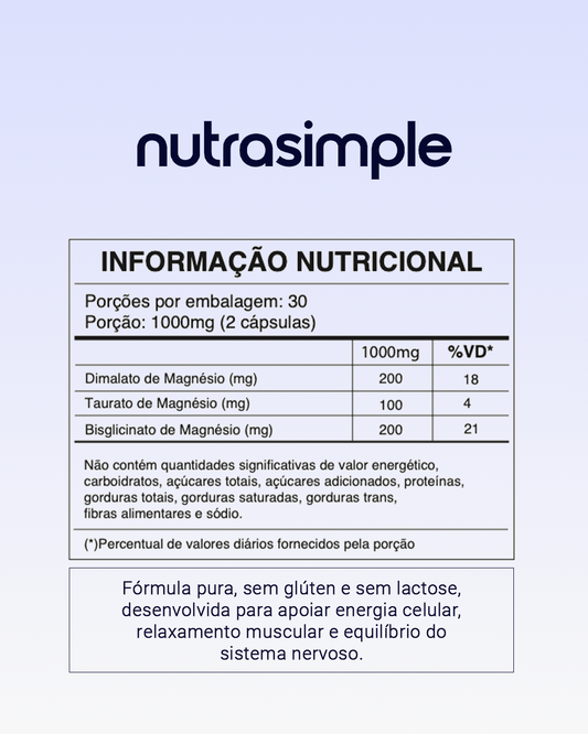 Magnésio- 200MG Bisglicinato, 200mg Dimalato e 100mgTaurato - 60 Cápsulas